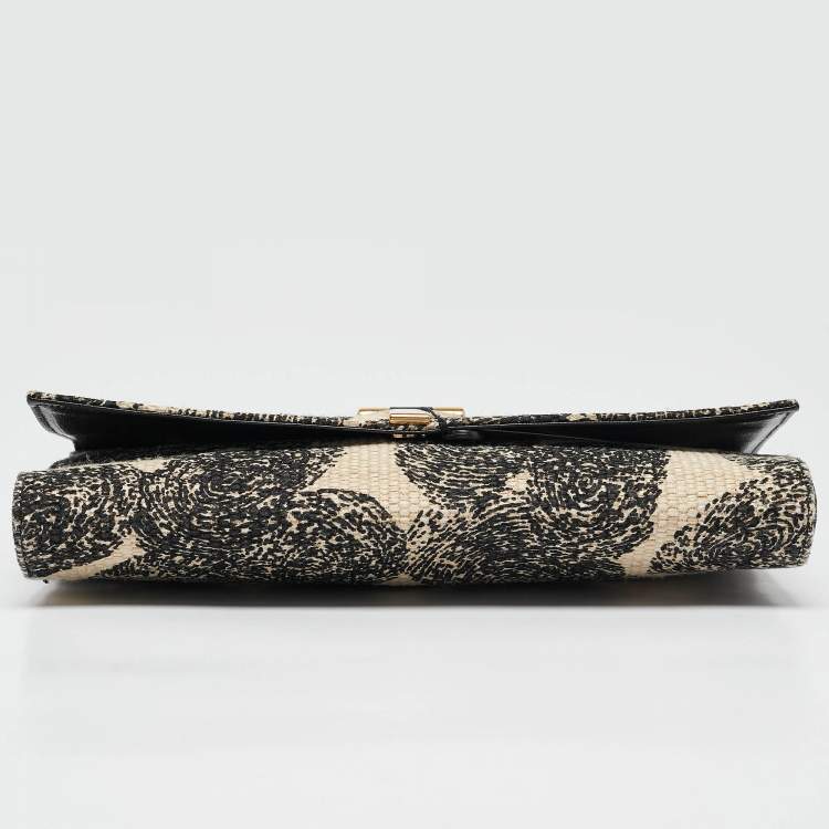 Pre Owned Yves Saint Laurent Black/Beige Printed Canvas and Leather Y-Ligne Clutch