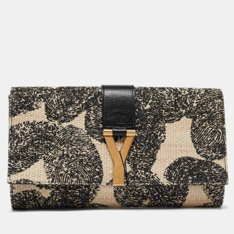 Pre Owned Yves Saint Laurent Black/Beige Printed Canvas and Leather Y-Ligne Clutch