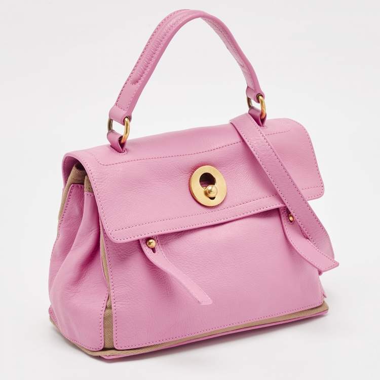 Pre Owned Yves Saint Laurent Pink/Beige Canvas and Leather Muse Two Top Handle Bag