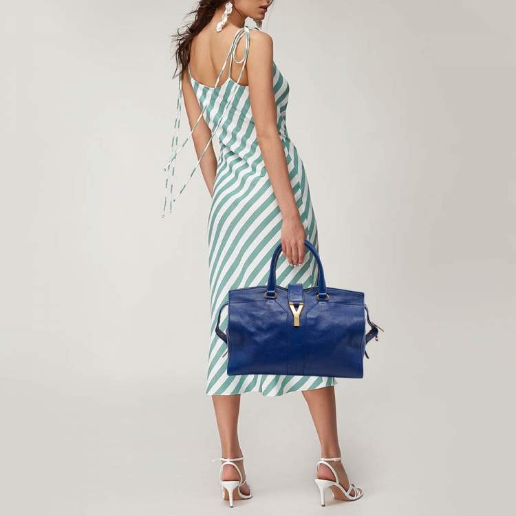 Pre Owned Saint Laurent Blue Leather Medium Cabas Chyc Tote
