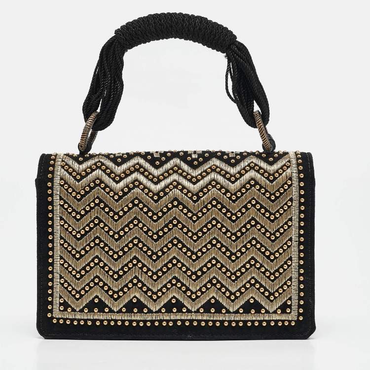 Pre Owned Yves Saint Laurent Black Suede Embroidered Tassel Clutch