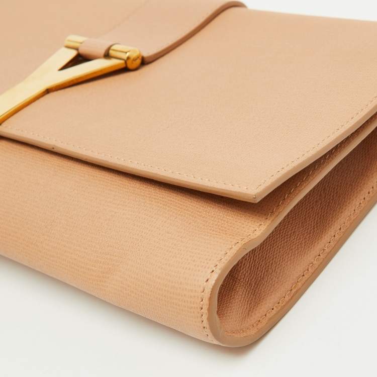 Pre Owned Yves Saint Laurent Beige Leather Y Line Flap Clutch