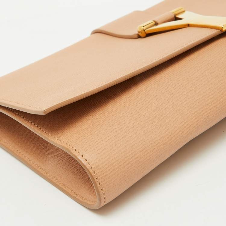 Pre Owned Yves Saint Laurent Beige Leather Y Line Flap Clutch