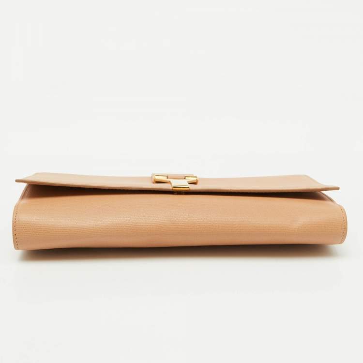 Pre Owned Yves Saint Laurent Beige Leather Y Line Flap Clutch