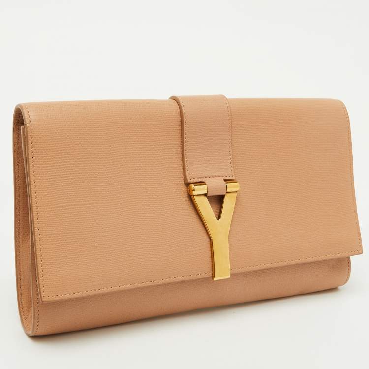 Pre Owned Yves Saint Laurent Beige Leather Y Line Flap Clutch