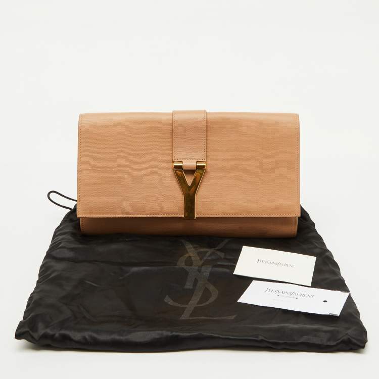 Pre Owned Yves Saint Laurent Beige Leather Y Line Flap Clutch