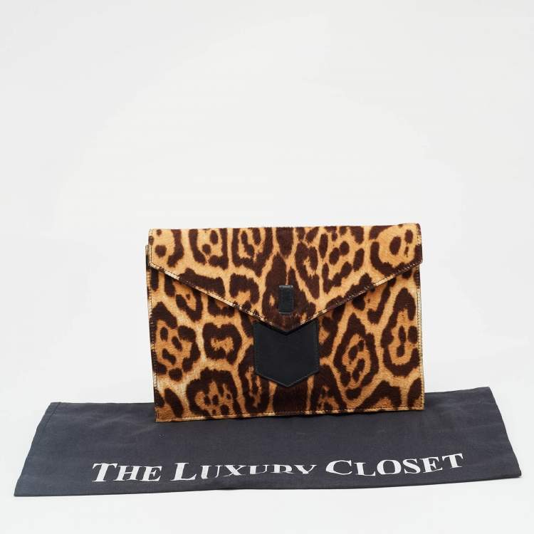 Pre Owned Yves Saint Laurent Brown Leopard Print Calf Hair Envelope Clutch