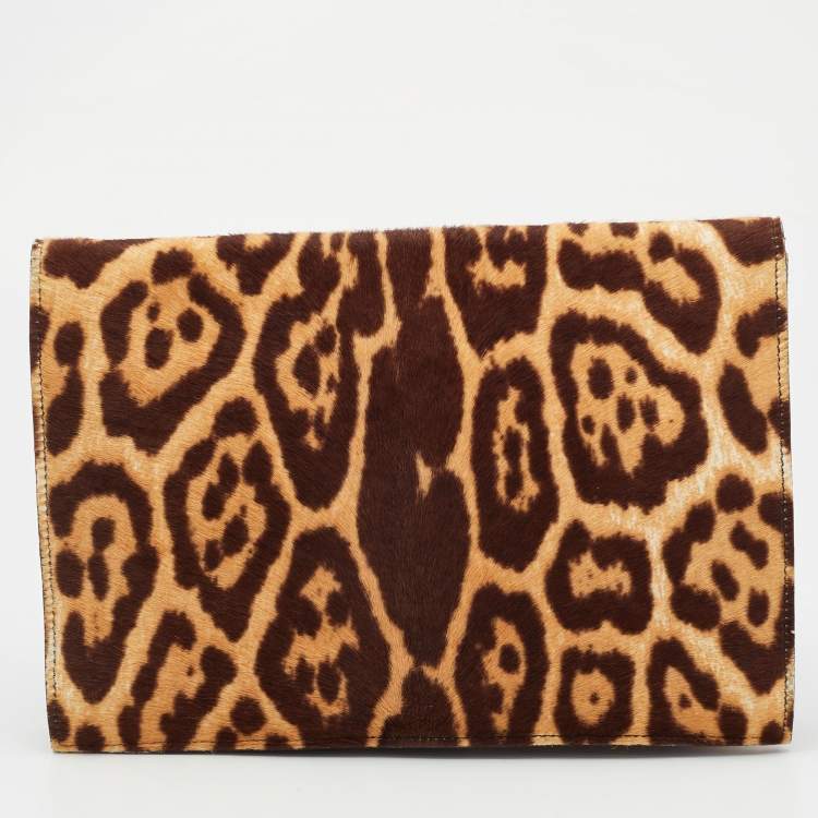 Pre Owned Yves Saint Laurent Brown Leopard Print Calf Hair Envelope Clutch
