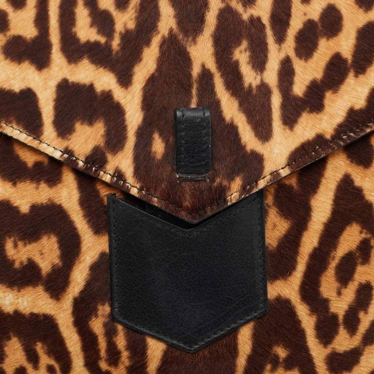 Pre Owned Yves Saint Laurent Brown Leopard Print Calf Hair Envelope Clutch