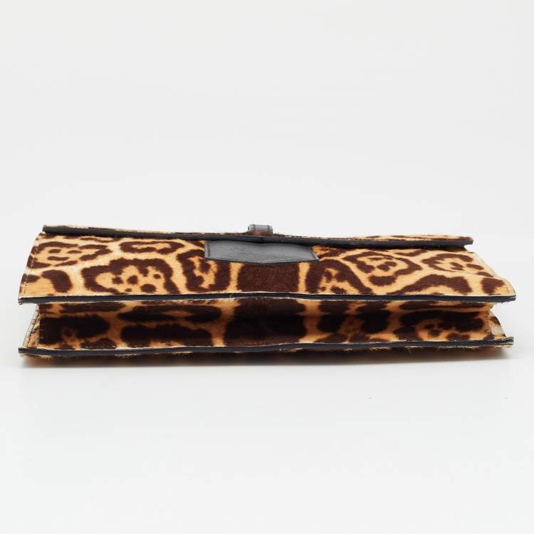 Pre Owned Yves Saint Laurent Brown Leopard Print Calf Hair Envelope Clutch