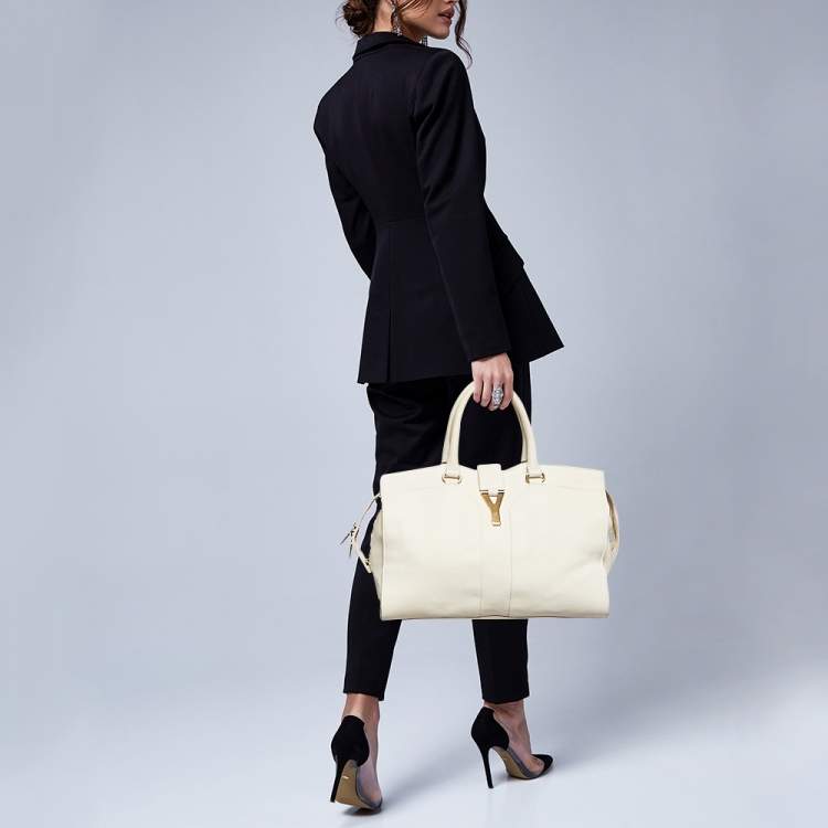 Pre Owned Yves Saint Laurent White Leather Medium Cabas Chyc Tote