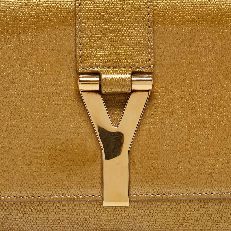 Pre Owned Yves Saint Laurent Gold Patent Leather Y-Ligne Flap Clutch