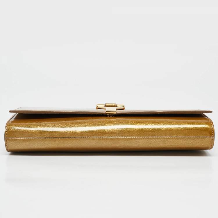 Pre Owned Yves Saint Laurent Gold Patent Leather Y-Ligne Flap Clutch