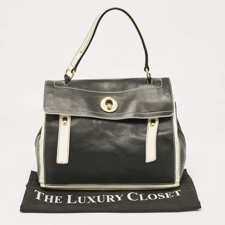 Pre Owned Yves Saint Laurent Black/White Leather and Fabric Muse Two Bag