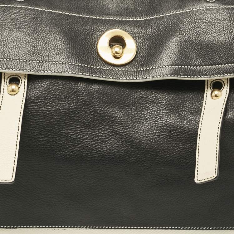 Pre Owned Yves Saint Laurent Black/White Leather and Fabric Muse Two Bag