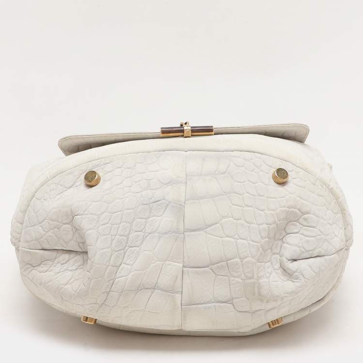 Pre Owned Yves Saint Laurent White Nubuck Croc Embossed Leather Capri Flap Shoulder Bag