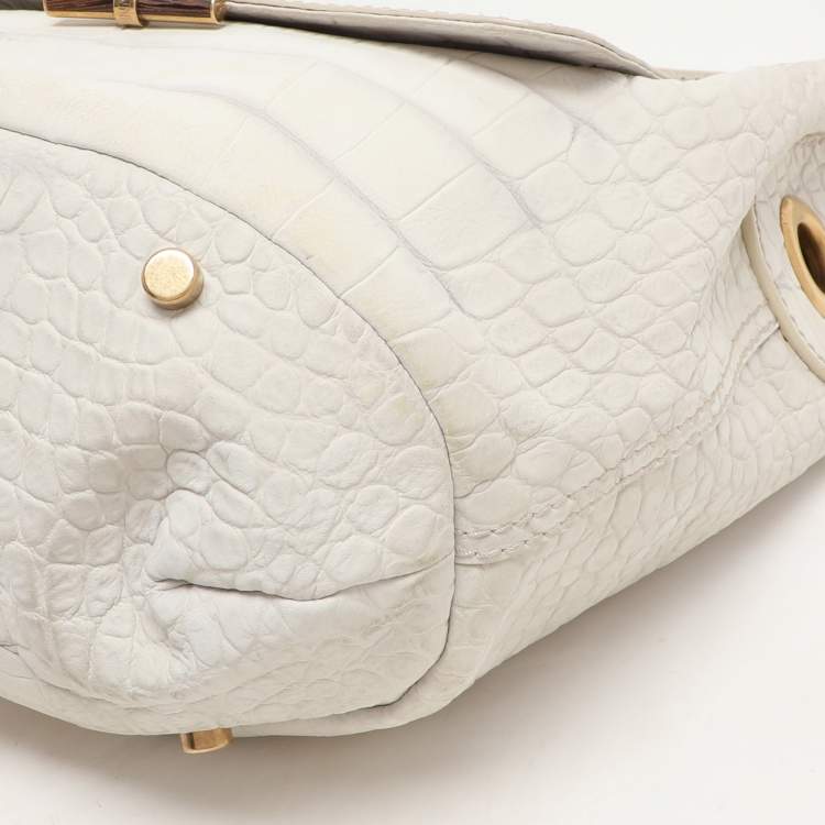 Pre Owned Yves Saint Laurent White Nubuck Croc Embossed Leather Capri Flap Shoulder Bag