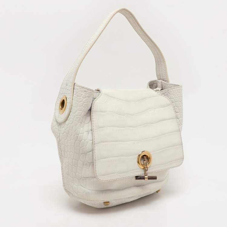 Pre Owned Yves Saint Laurent White Nubuck Croc Embossed Leather Capri Flap Shoulder Bag