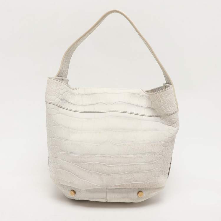 Pre Owned Yves Saint Laurent White Nubuck Croc Embossed Leather Capri Flap Shoulder Bag