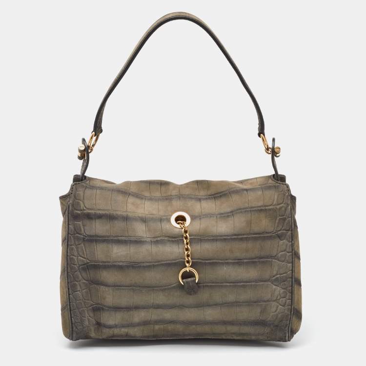Pre Owned Yves Saint Laurent Grey Croc Embossed Nubuck Leather Shoulder Bag