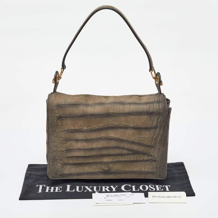 Pre Owned Yves Saint Laurent Grey Croc Embossed Nubuck Leather Shoulder Bag