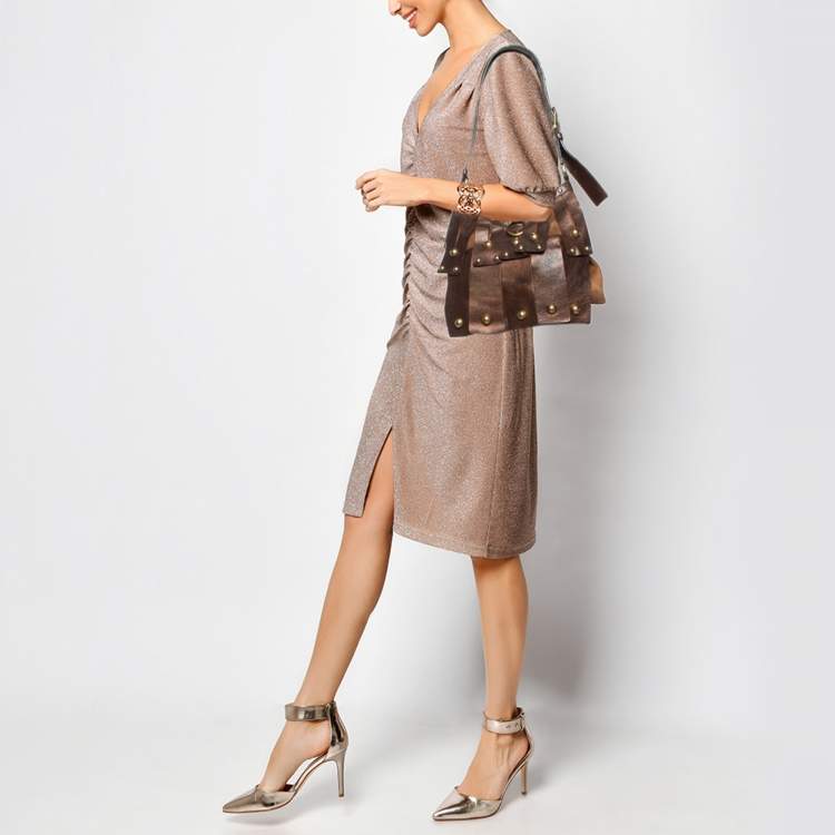 Pre Owned Yves Saint Laurent Two Tone Brown Suede and Leather Rive Gauche Shoulder Bag
