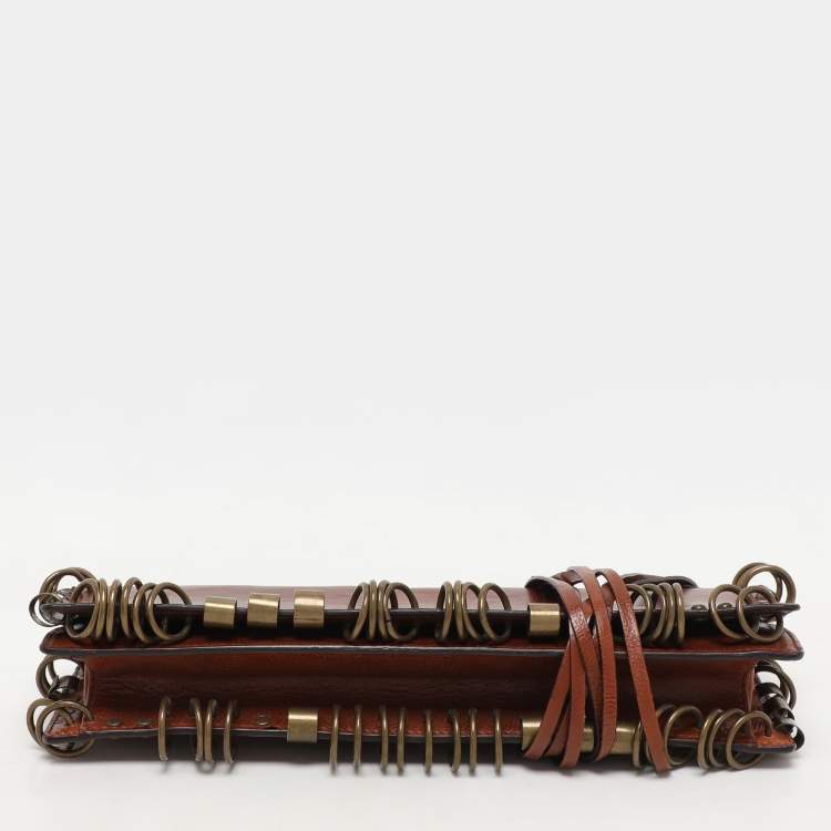 Pre Owned Yves Saint Laurent Brown Leather Ring Studded Clutch