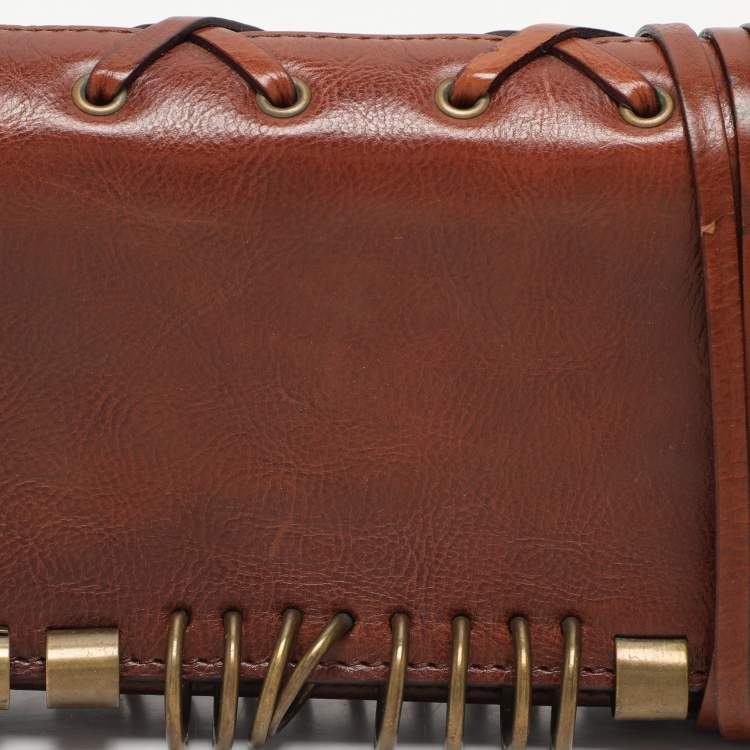 Pre Owned Yves Saint Laurent Brown Leather Ring Studded Clutch