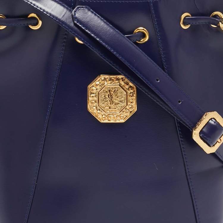 Pre Owned Yves Saint Laurent Blue Leather Vintage Drawstring Bucket Bag