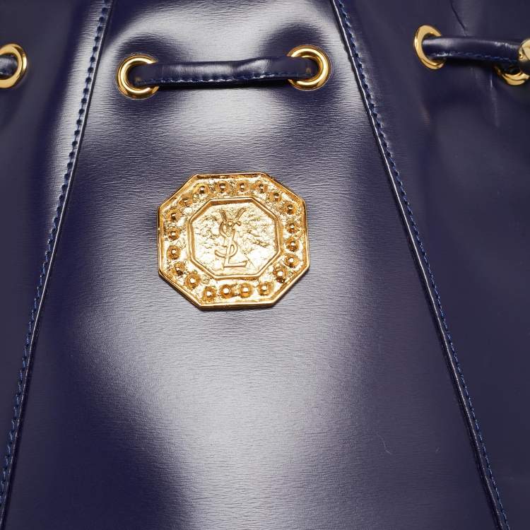Pre Owned Yves Saint Laurent Blue Leather Vintage Drawstring Bucket Bag