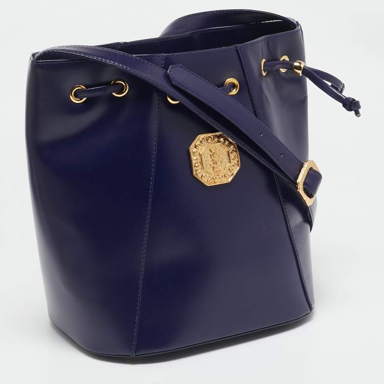 Pre Owned Yves Saint Laurent Blue Leather Vintage Drawstring Bucket Bag