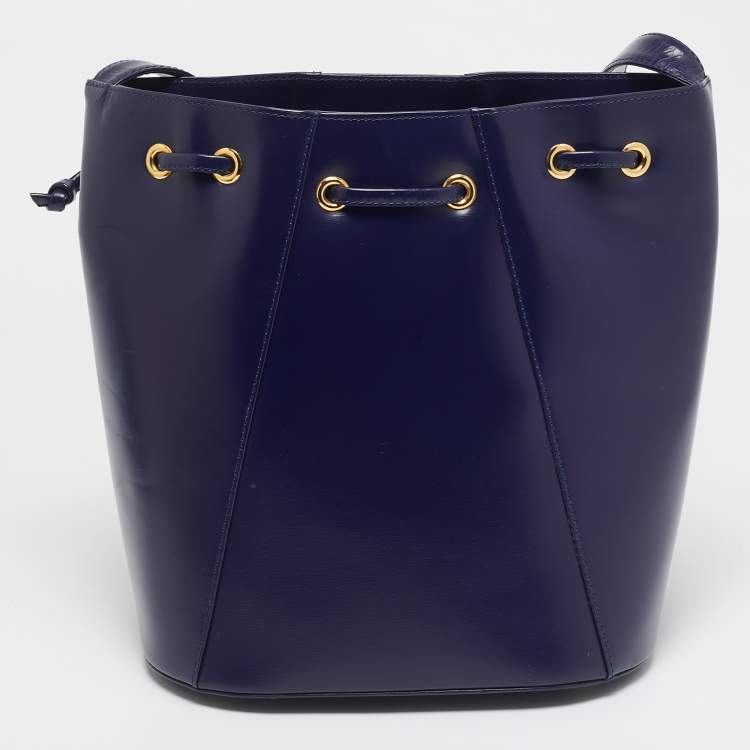 Pre Owned Yves Saint Laurent Blue Leather Vintage Drawstring Bucket Bag