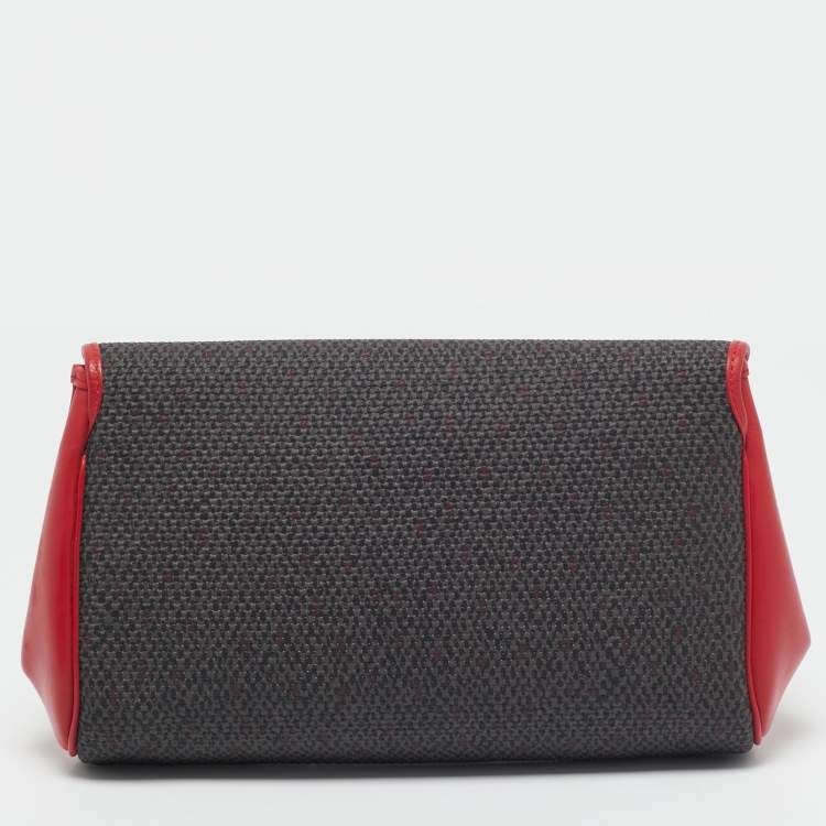 Pre Owned Yves Saint Laurent Grey/Red Coated Canvas and Leather Vintage Clutch