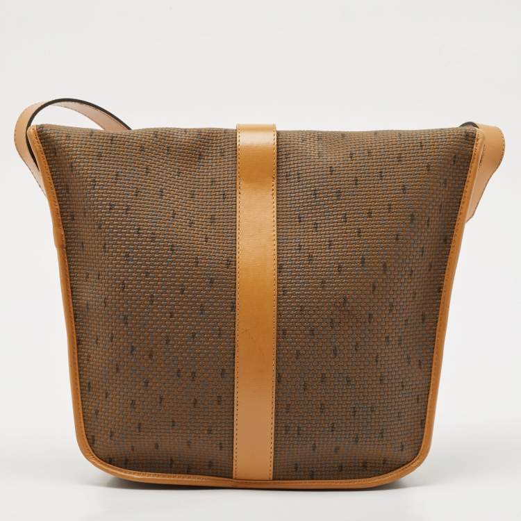 Pre Owned Yves Saint Laurent Brown Printed Woven Fabric and Leather Flap Bucket Bag