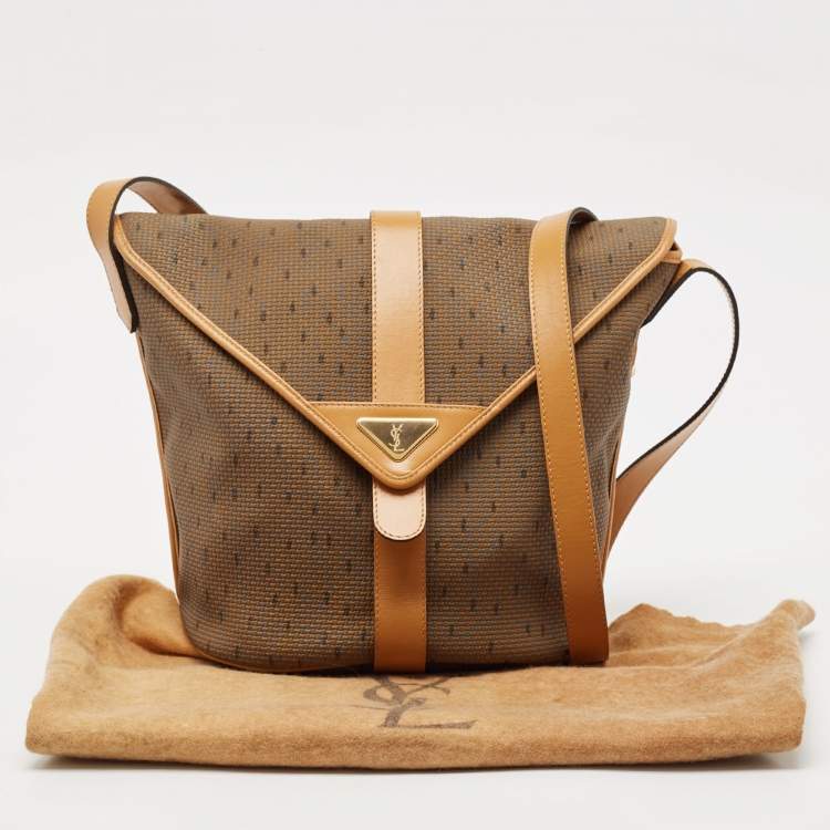 Pre Owned Yves Saint Laurent Brown Printed Woven Fabric and Leather Flap Bucket Bag