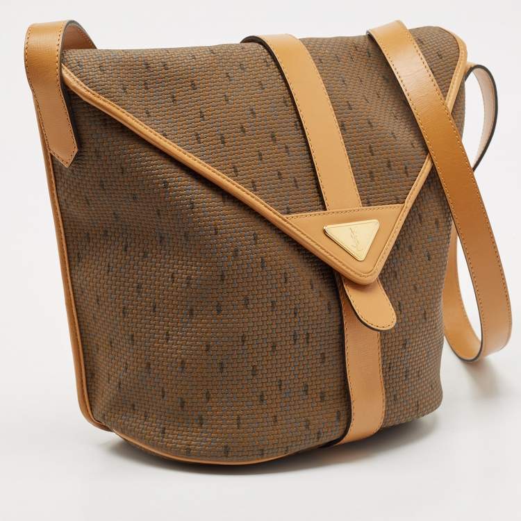 Pre Owned Yves Saint Laurent Brown Printed Woven Fabric and Leather Flap Bucket Bag