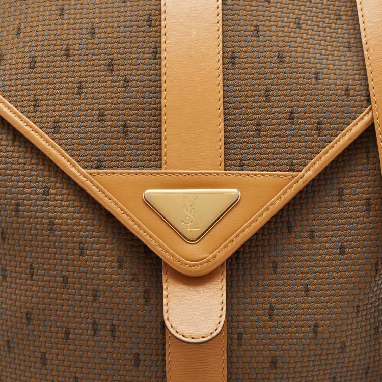 Pre Owned Yves Saint Laurent Brown Printed Woven Fabric and Leather Flap Bucket Bag