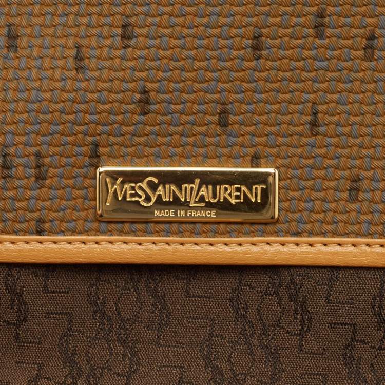 Pre Owned Yves Saint Laurent Brown Printed Woven Fabric and Leather Flap Bucket Bag