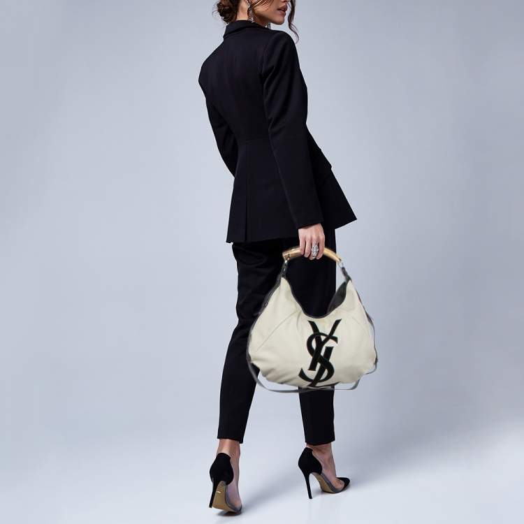 Pre Owned Yves Saint Laurent Cream/Black Canvas and Leather Vincennes Mombasa Hobo