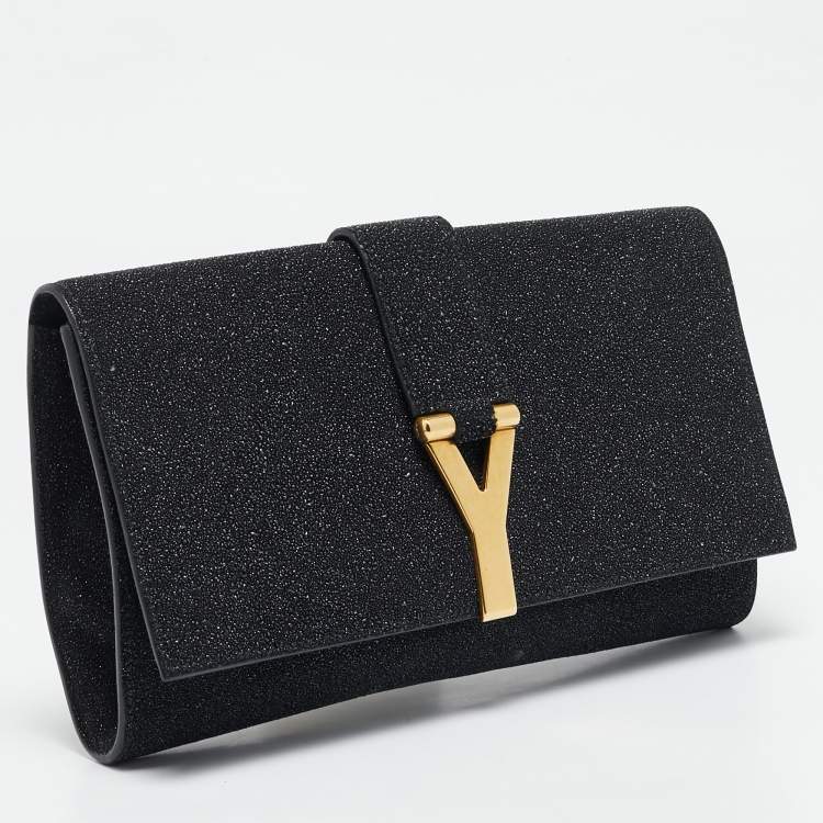 Pre Owned Yves Saint Laurent Black Metallic Glitter Suede Y Line Flap Clutch
