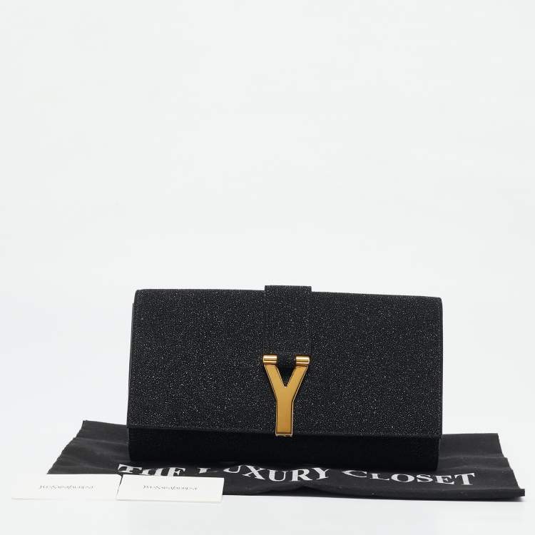 Pre Owned Yves Saint Laurent Black Metallic Glitter Suede Y Line Flap Clutch