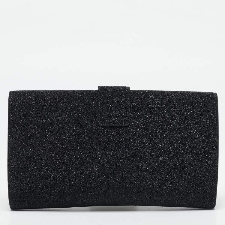 Pre Owned Yves Saint Laurent Black Metallic Glitter Suede Y Line Flap Clutch