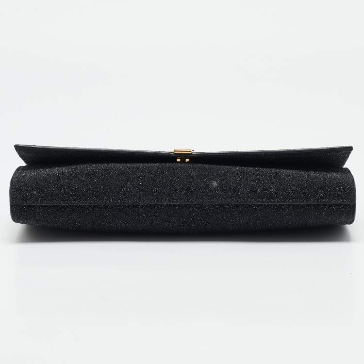 Pre Owned Yves Saint Laurent Black Metallic Glitter Suede Y Line Flap Clutch
