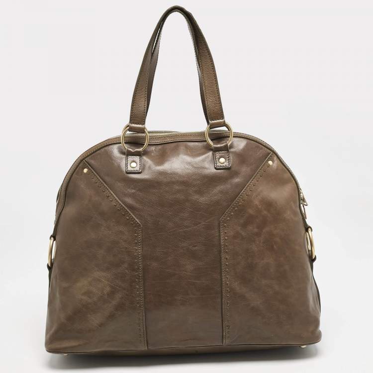 Pre Owned Yves Saint Laurent Olive Green Leather Oversized Muse Bag