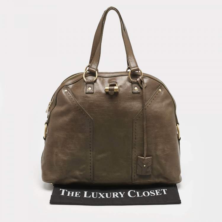Pre Owned Yves Saint Laurent Olive Green Leather Oversized Muse Bag