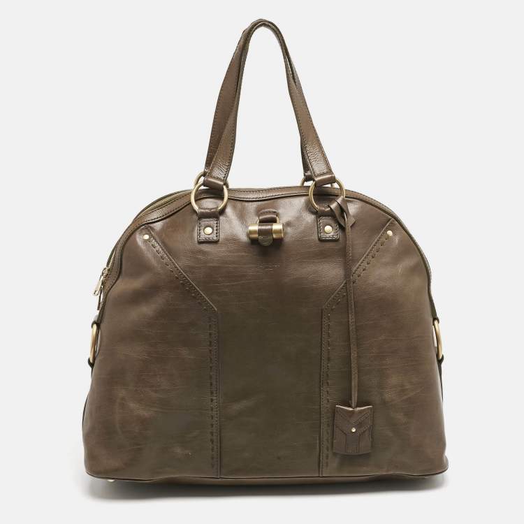 Pre Owned Yves Saint Laurent Olive Green Leather Oversized Muse Bag