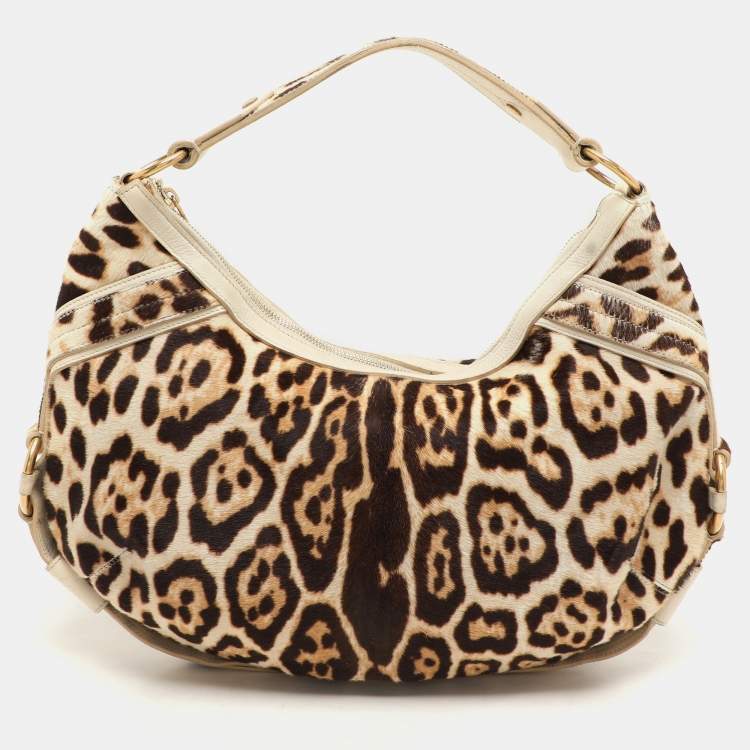 Pre Owned Yves Saint Laurent Brown/Beige Leopard Print Calf Hair and Leather Muse Hobo