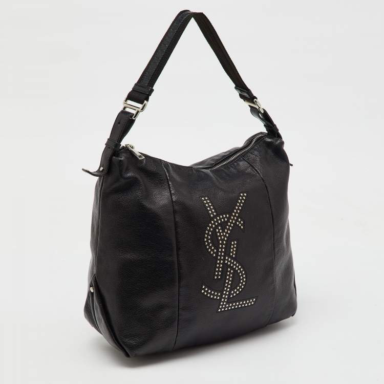 Pre Owned Yves Saint Laurent Black Leather Logo Studded Hobo