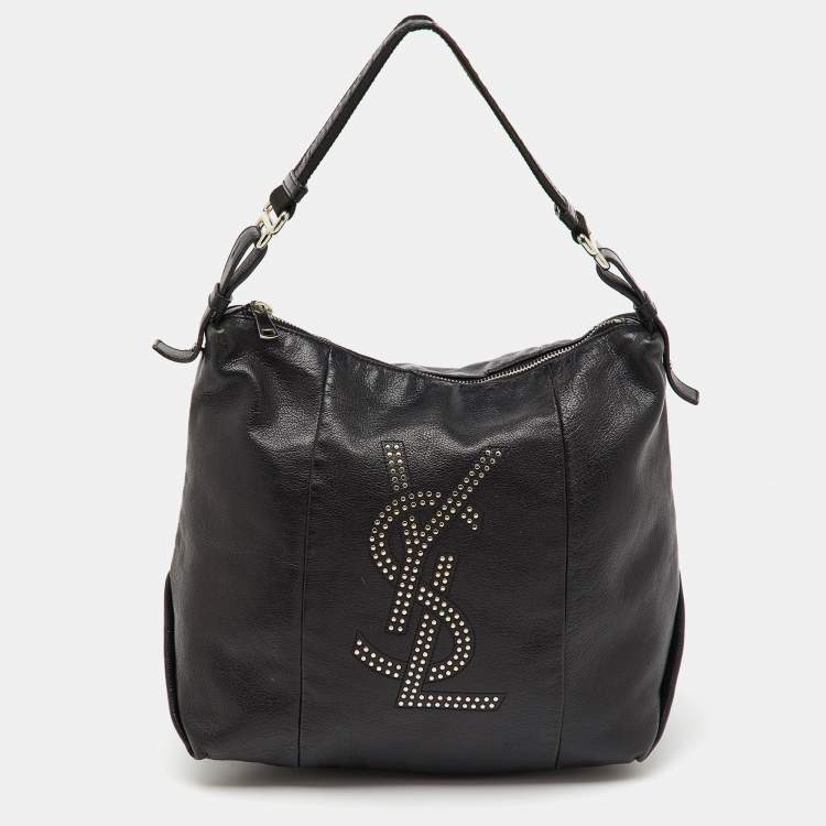 Pre Owned Yves Saint Laurent Black Leather Logo Studded Hobo