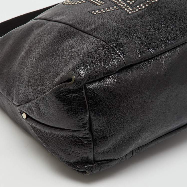 Pre Owned Yves Saint Laurent Black Leather Logo Studded Hobo
